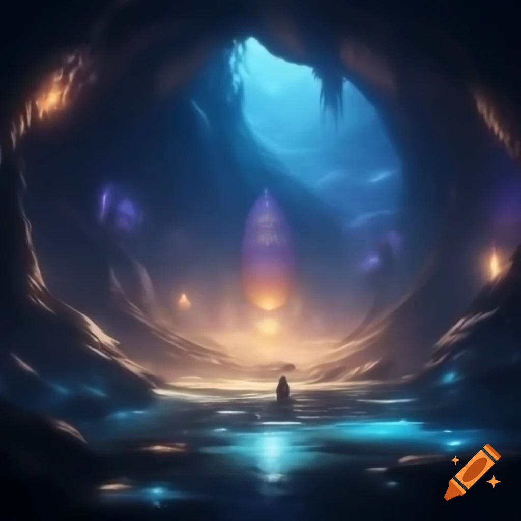 Explorers in enormous subterranean cavern with stone plateau