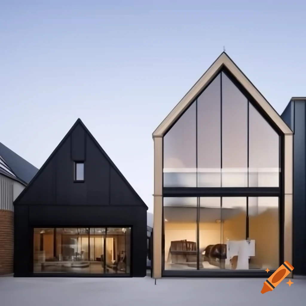 Gable end buildings of glass and timber resembling maritime boat shed
