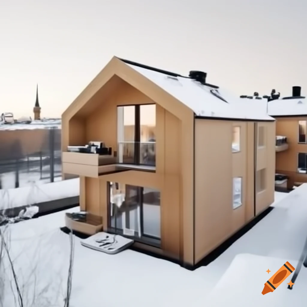 Scandinavian high-rise apartment in Stockholm with snow-covered rooftops