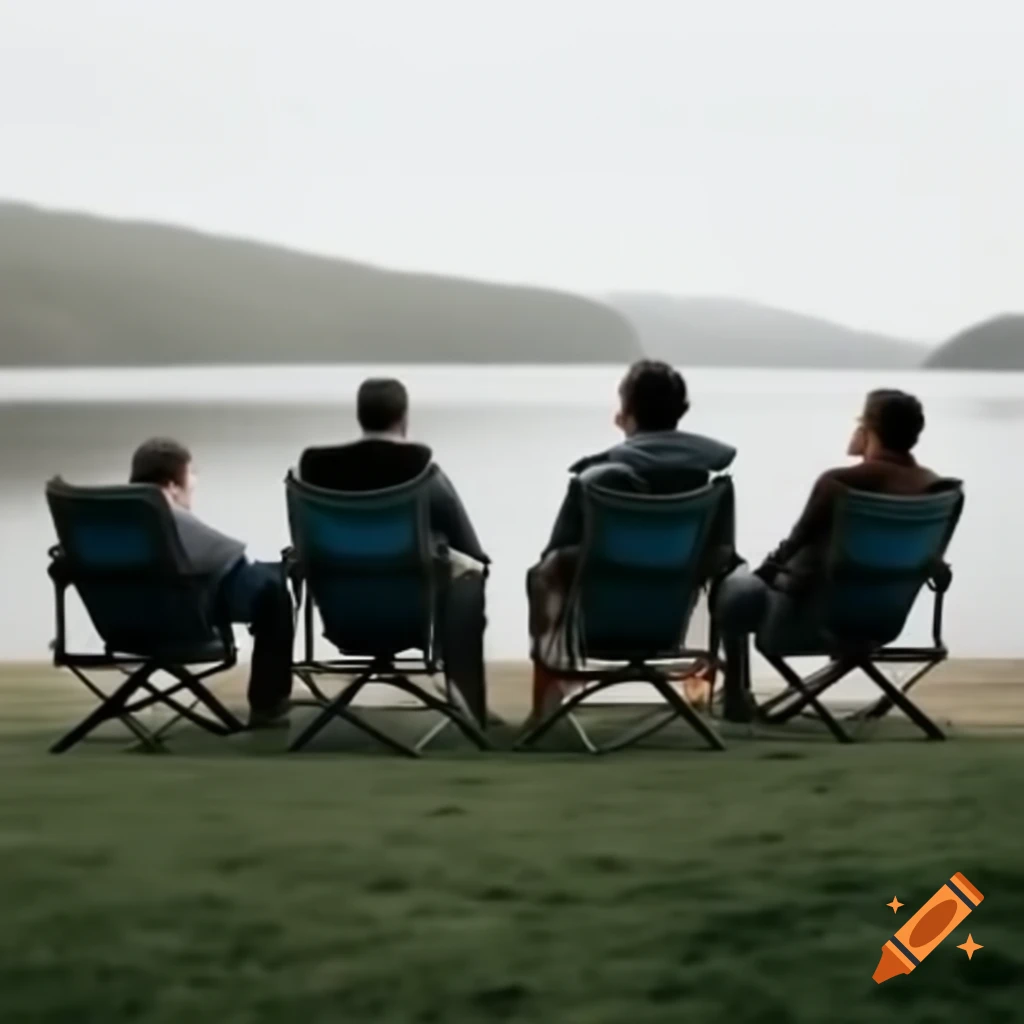 Four adults sitting on chairs by a lake, engaged in conversation