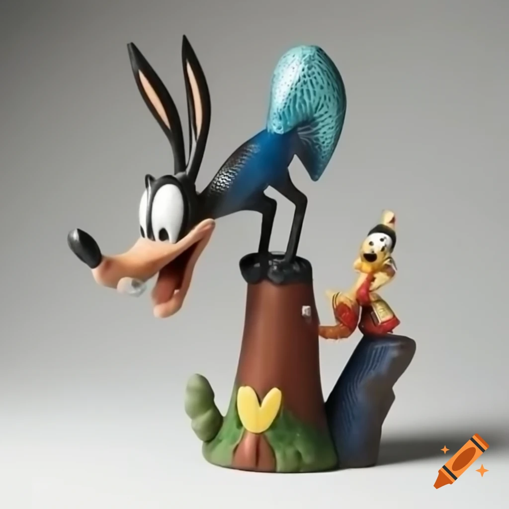 Whimsical ceramic figure of Roadrunner and Wile E Coyote abseiling down a cliff