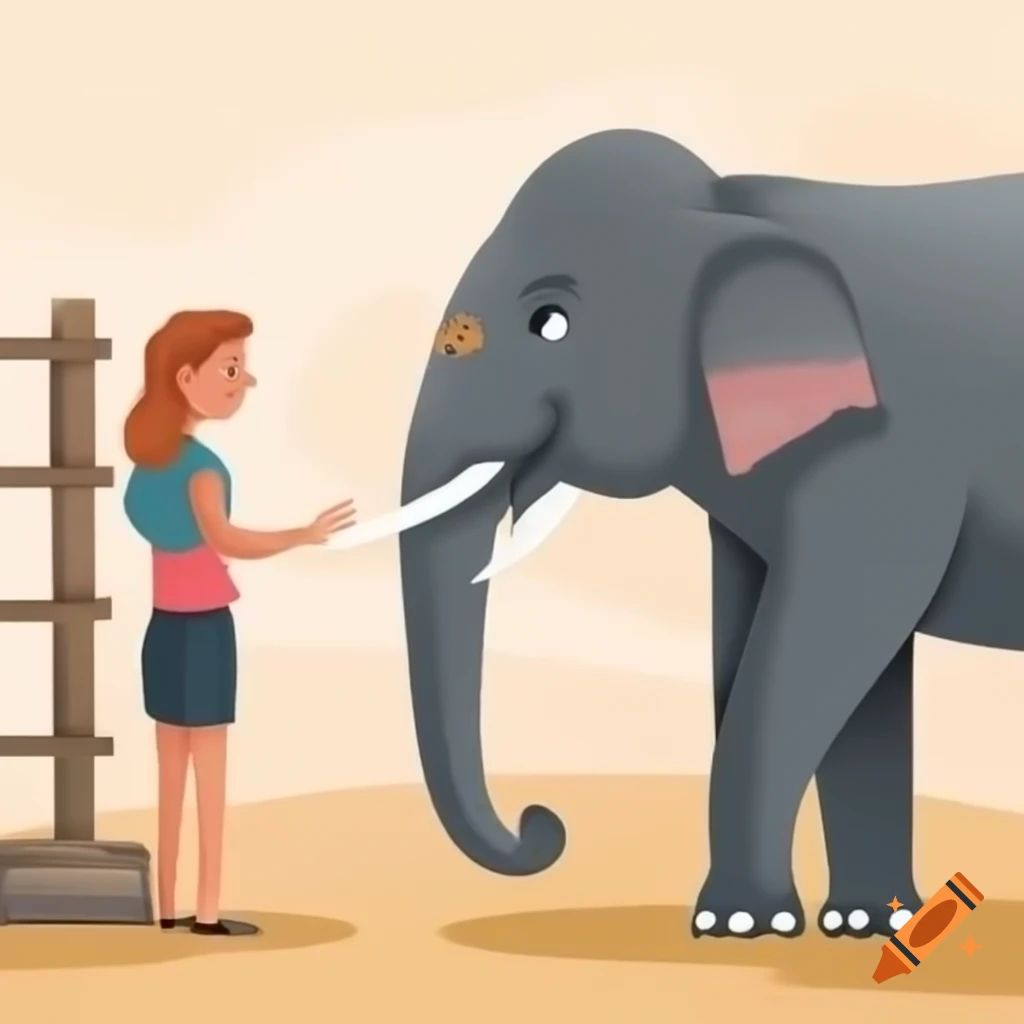 Woman interacting with elephant at zoo through bars, illustration
