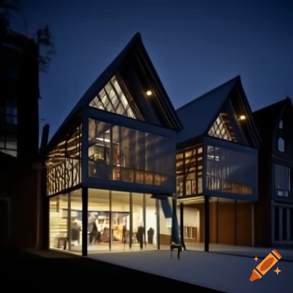 Three small gable end buildings of glass and timber slats styled like a boat shed at night with illuminated sign