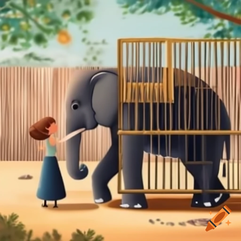 Woman interacting with elephant at zoo through bars, illustration