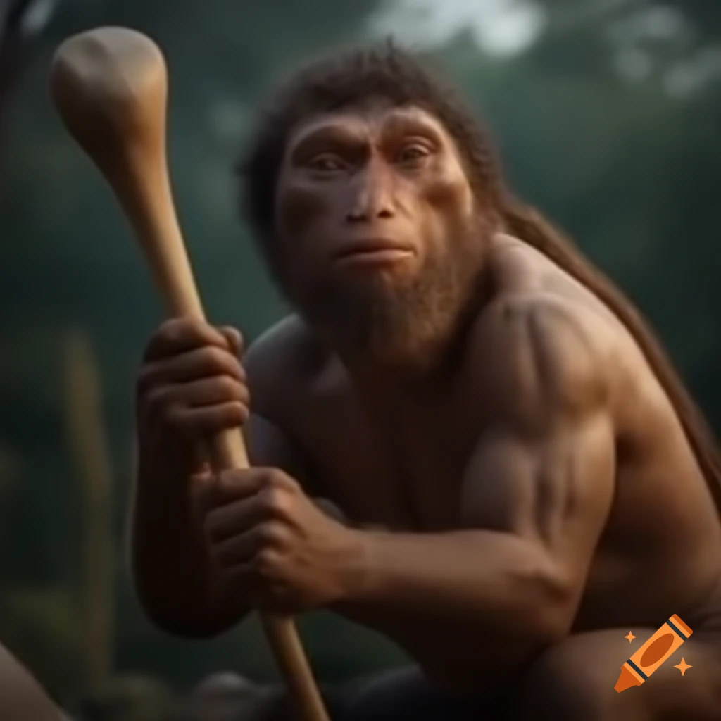 Prehistoric human hunter with club in the Stone Age
