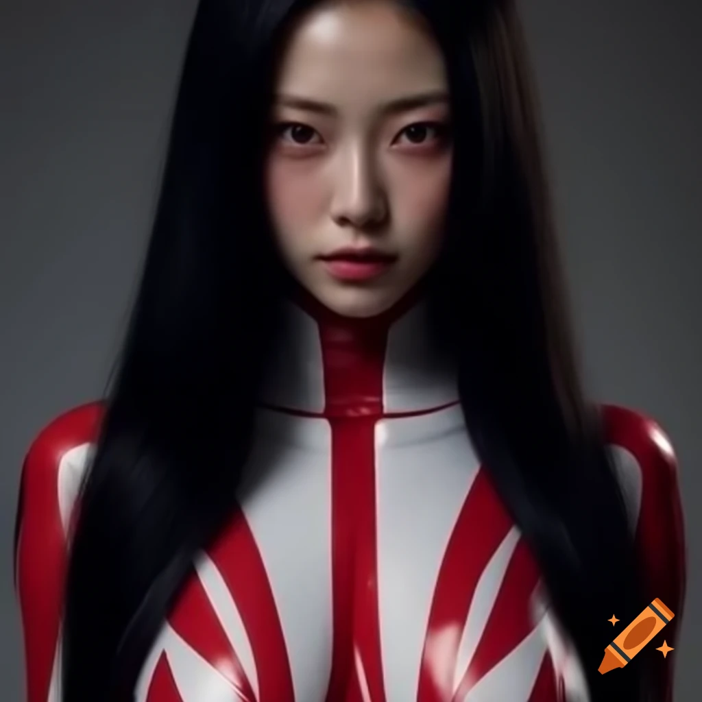 Japanese woman in white and red bodysuit with long black hair