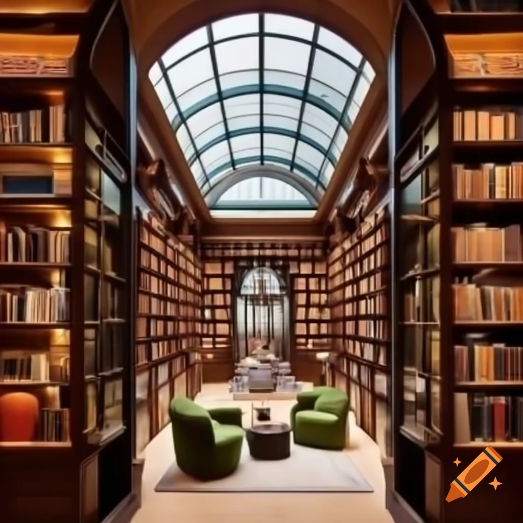 Picture of Luxury penthouse library with glass skylight and city view through ...