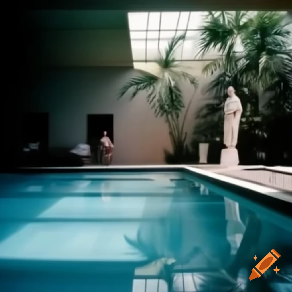 Tranquil 1980s indoor pool area with soft light and tropical palm tree ...