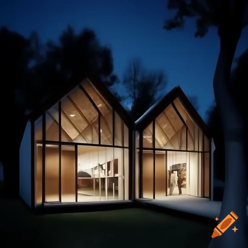 Three small gable end buildings of glass and timber slats styled like a boat shed at night with illuminated sign