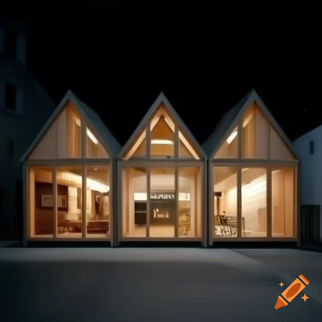 Timber gable end buildings resembling a maritime boat shed illuminated at night