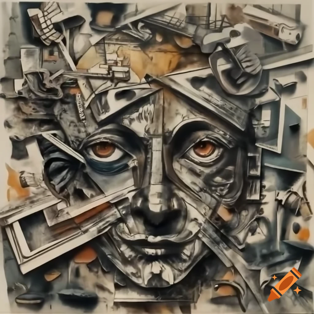 Dynamic fusion of old engraving and neo-expressionist composition with abstract shapes and colors
