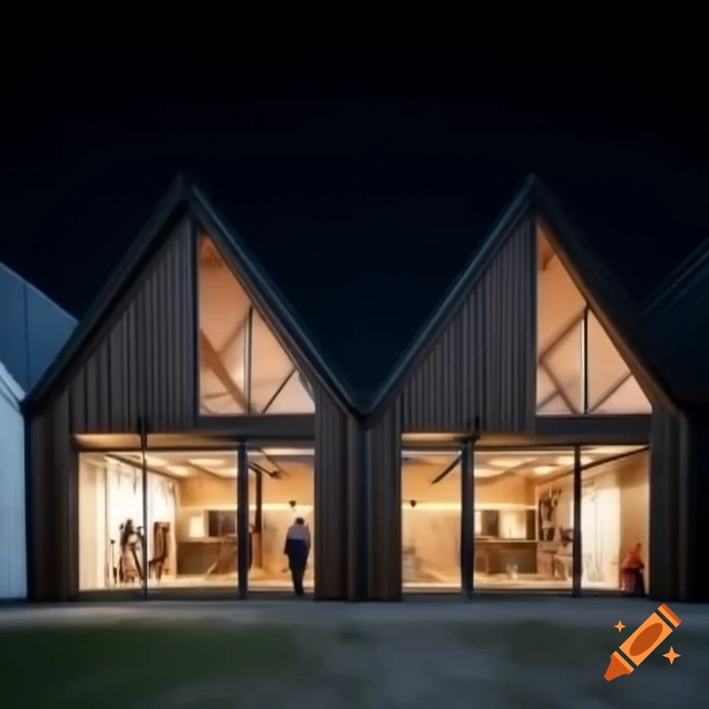 Timber gable end buildings resembling maritime boat sheds lit at night