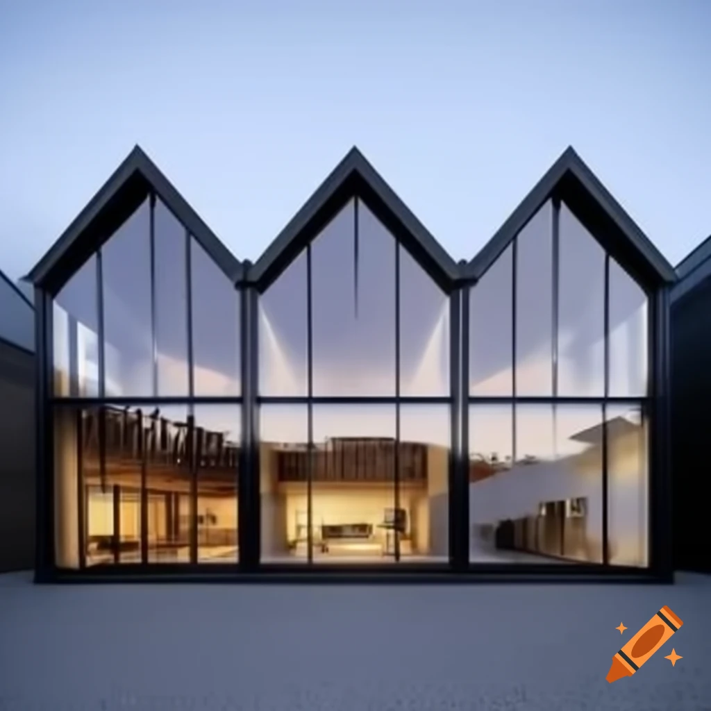 Three gable end buildings of glass and timber resembling a maritime boat shed