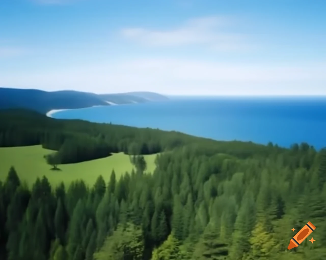 Scenic landscape where meadows, forests, and hills meet the sea