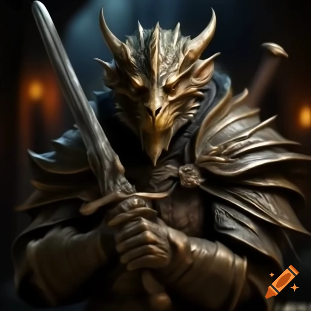 Bronze dragonborn character holding a sword on Craiyon