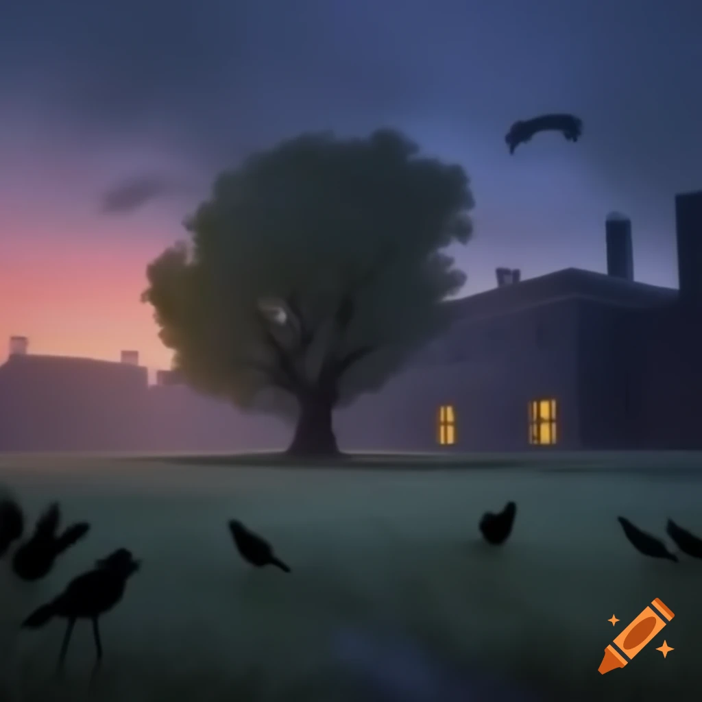 Creepy school at dawn with large tree and two crows