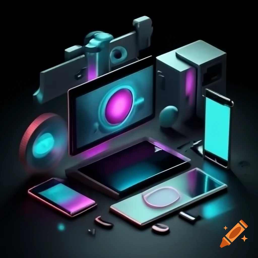 Futuristic digital products in minimalist high-tech environment