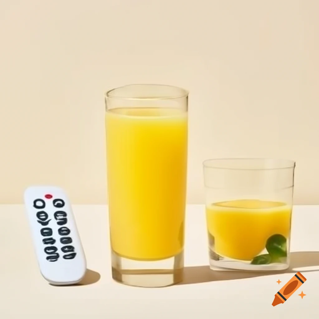 Glass of pineapple juice with remote nearby