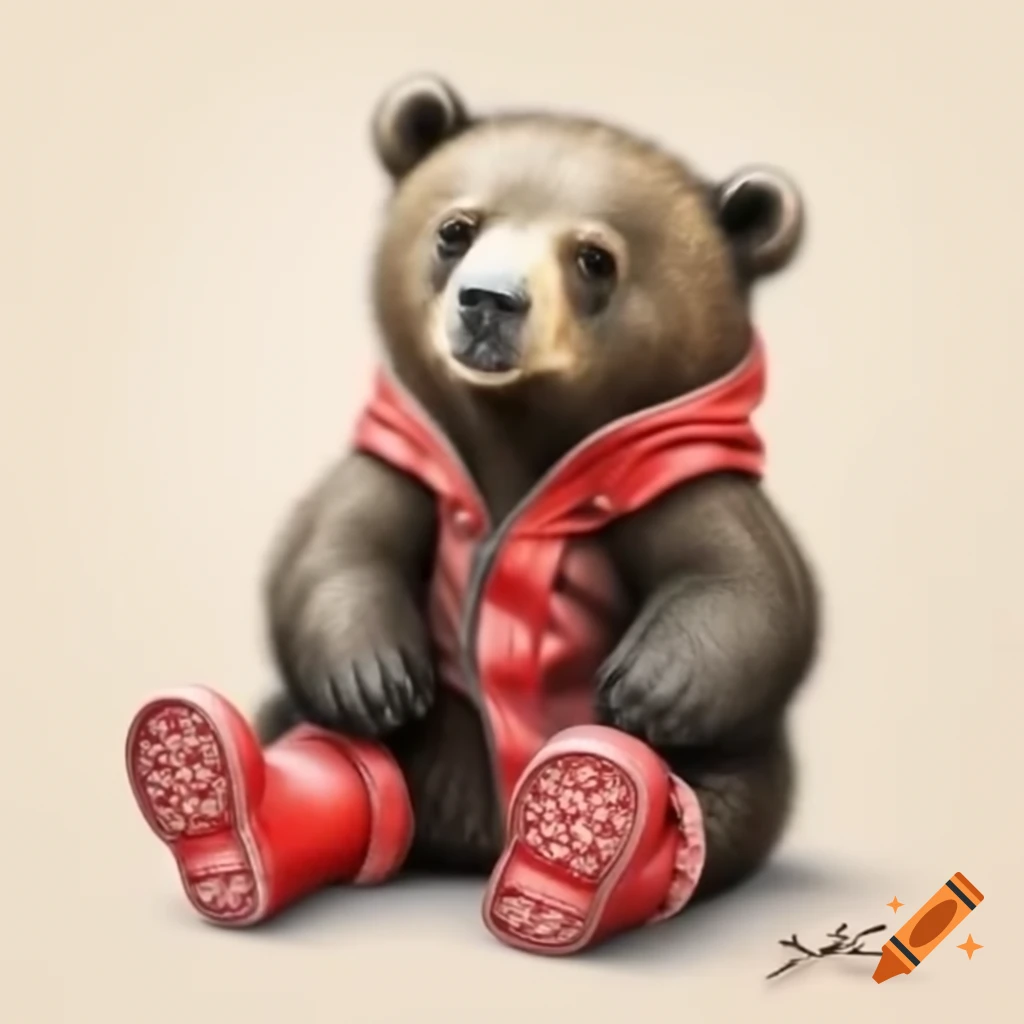 Grizzly bear wearing red rain boots, pencil drawing style