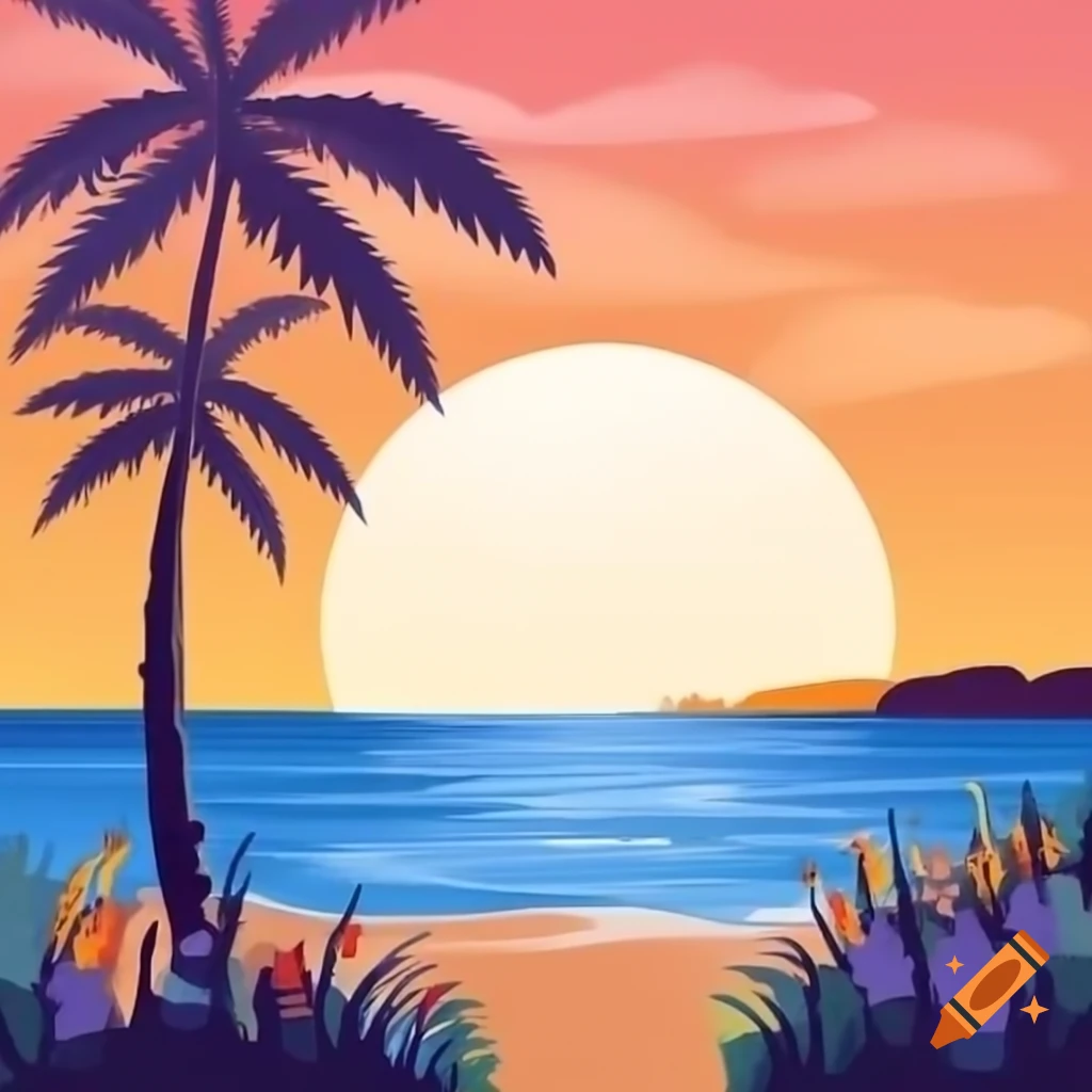 Two palm trees at sunset by the sea