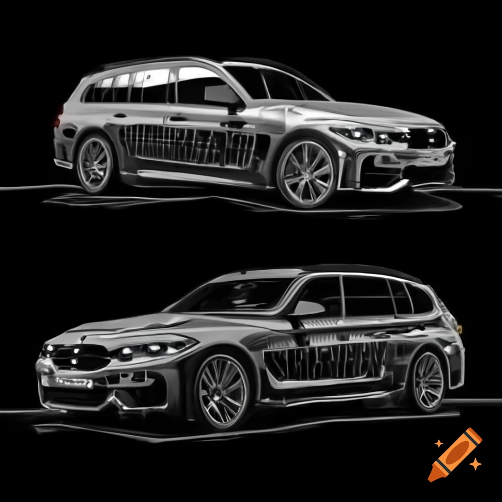 BMW G21 Touring car sketch on black background, front-side profile
