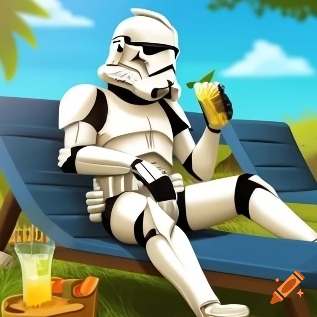 Star Wars trooper relaxing on chaise longue with lemonade on sunny day