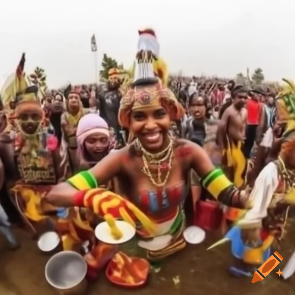 Vibrant festival celebration with traditional clothing, food, and decorations