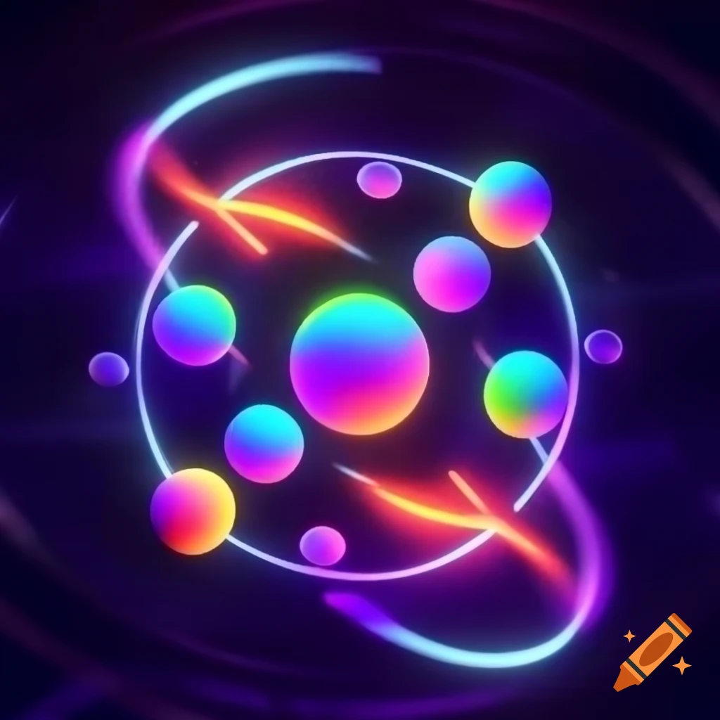 Colorful bouncing balls breaking glowing arcs in vibrant neon colors, digital abstract art
