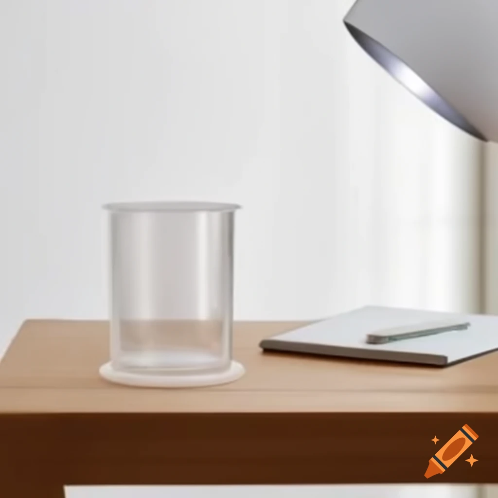 Transparent plastic cup with LED light on wooden table, top view