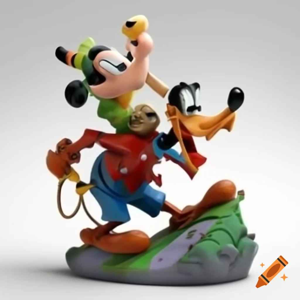Whimsical ceramic sculpture of character inspired by Roadrunner, Wile E. Coyote, and Goofy climbing rocky cliff