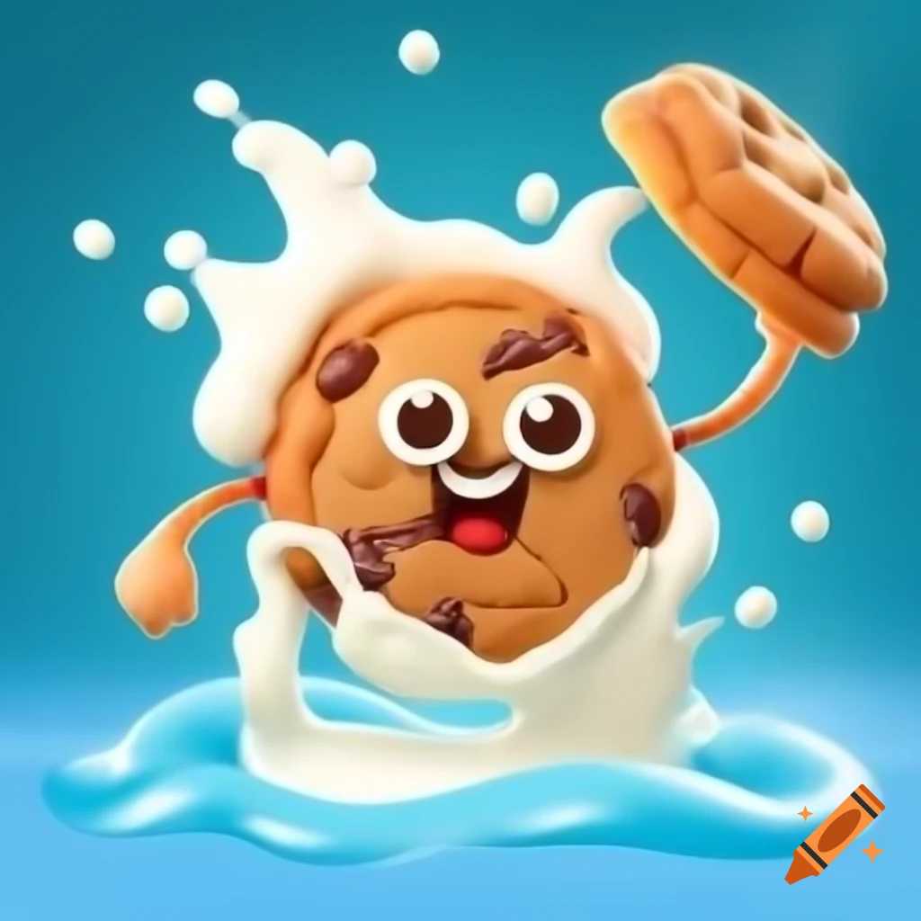 Raisin cookie with a smiling face playfully sinking into milk, arms raised