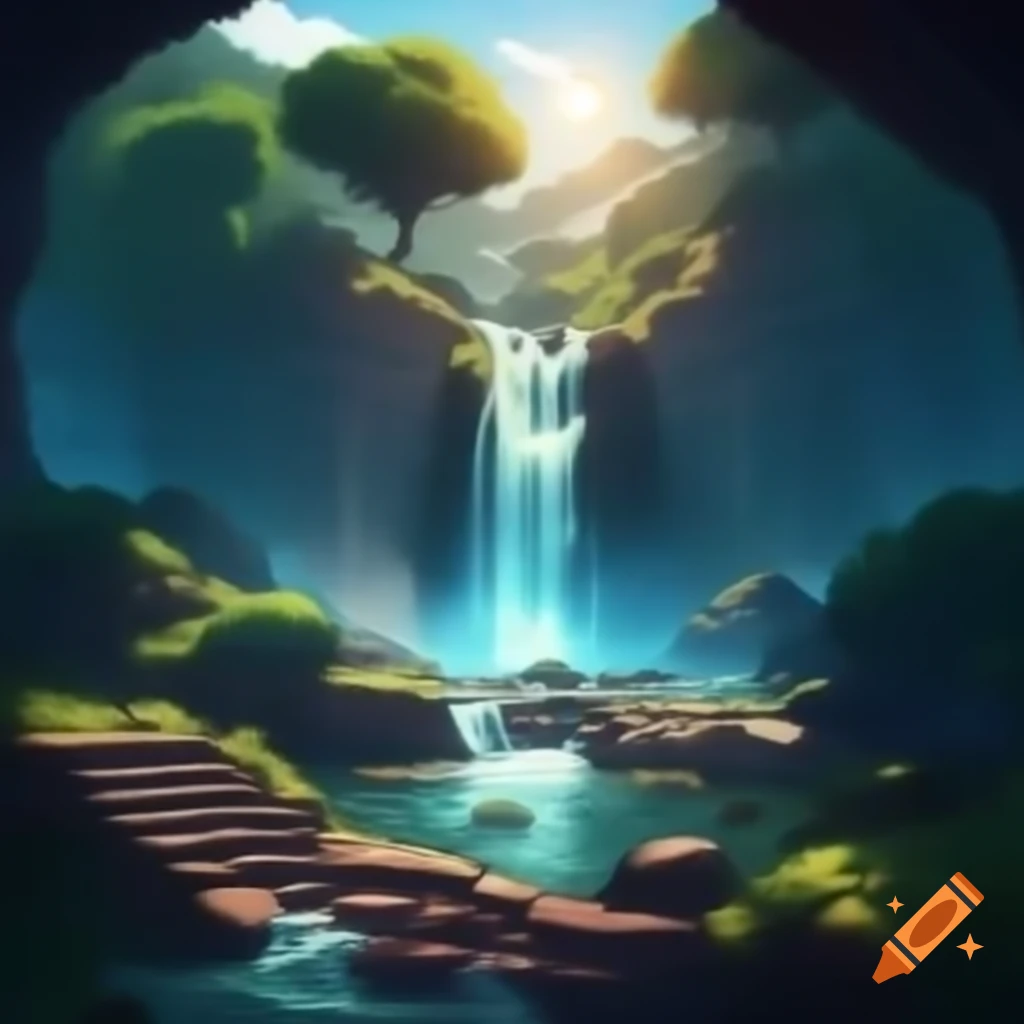 Waterfall with steps leading to it under sunny skies