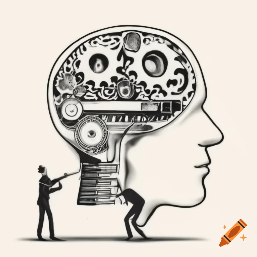 Sketch of brain with gears and a mechanic working on it