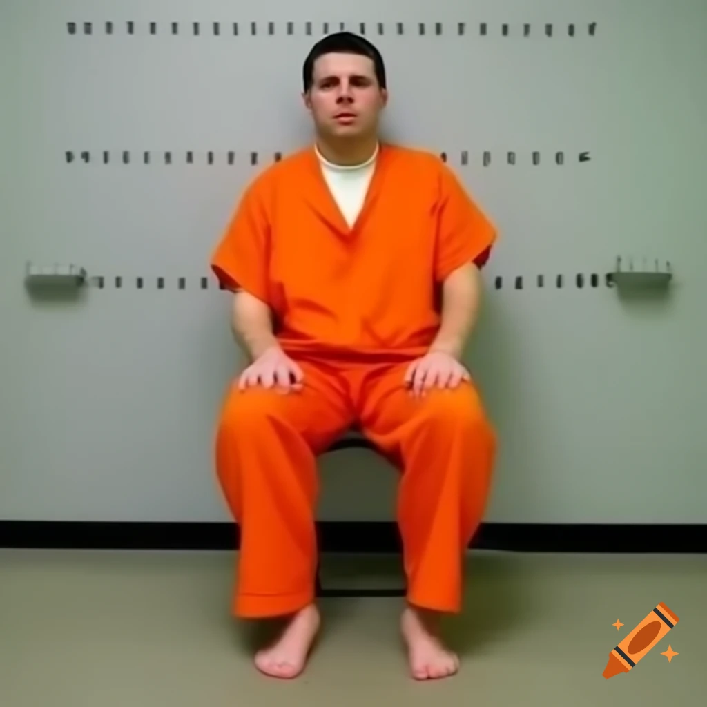 Male inmate in orange jumpsuit, barefoot in jail setting