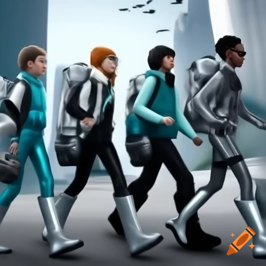 Futuristic students with jetpacks in colorful outfits chatting