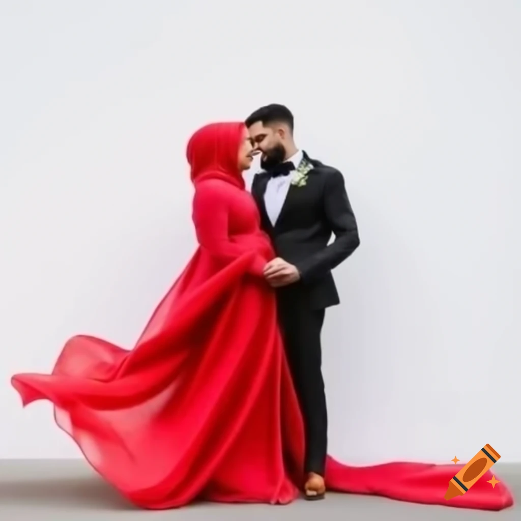Bride in red dress and hijab with groom in black suit on white background