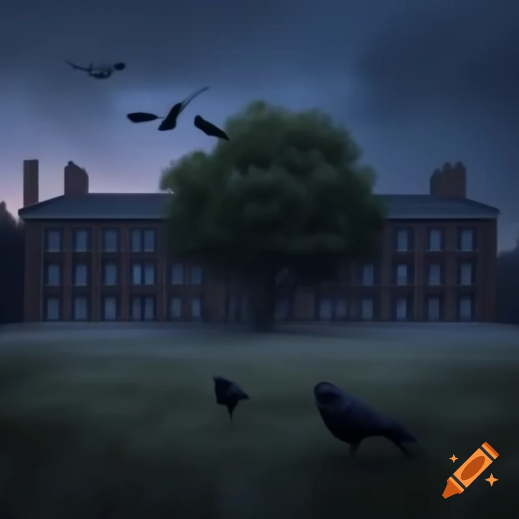 Creepy school at dawn with large tree and two crows