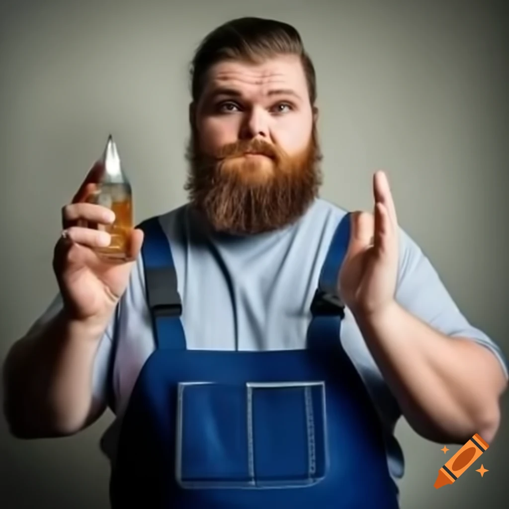 Bald electrician holding perfume, showcasing a unique character