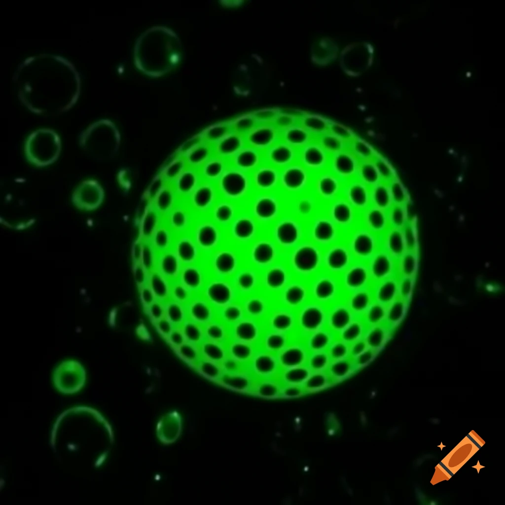 Fluorescent green sphere with black spots in space