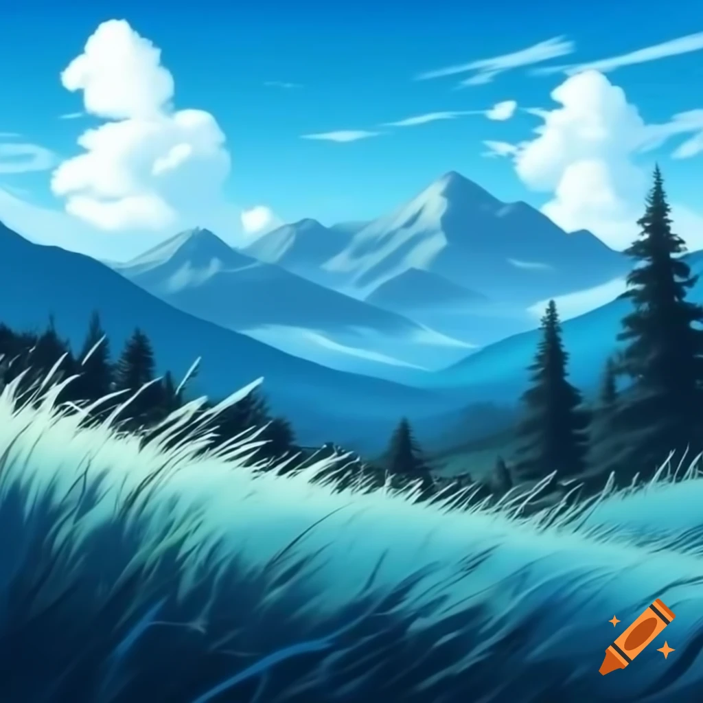 Vibrant blue grass with high mountains in the background