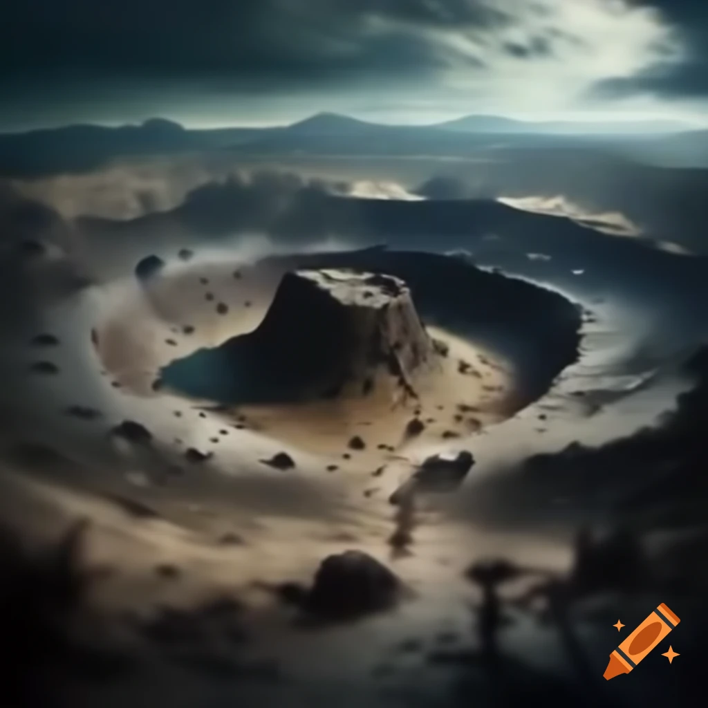 Enormous crater with central platform and abyssal creatures on Craiyon