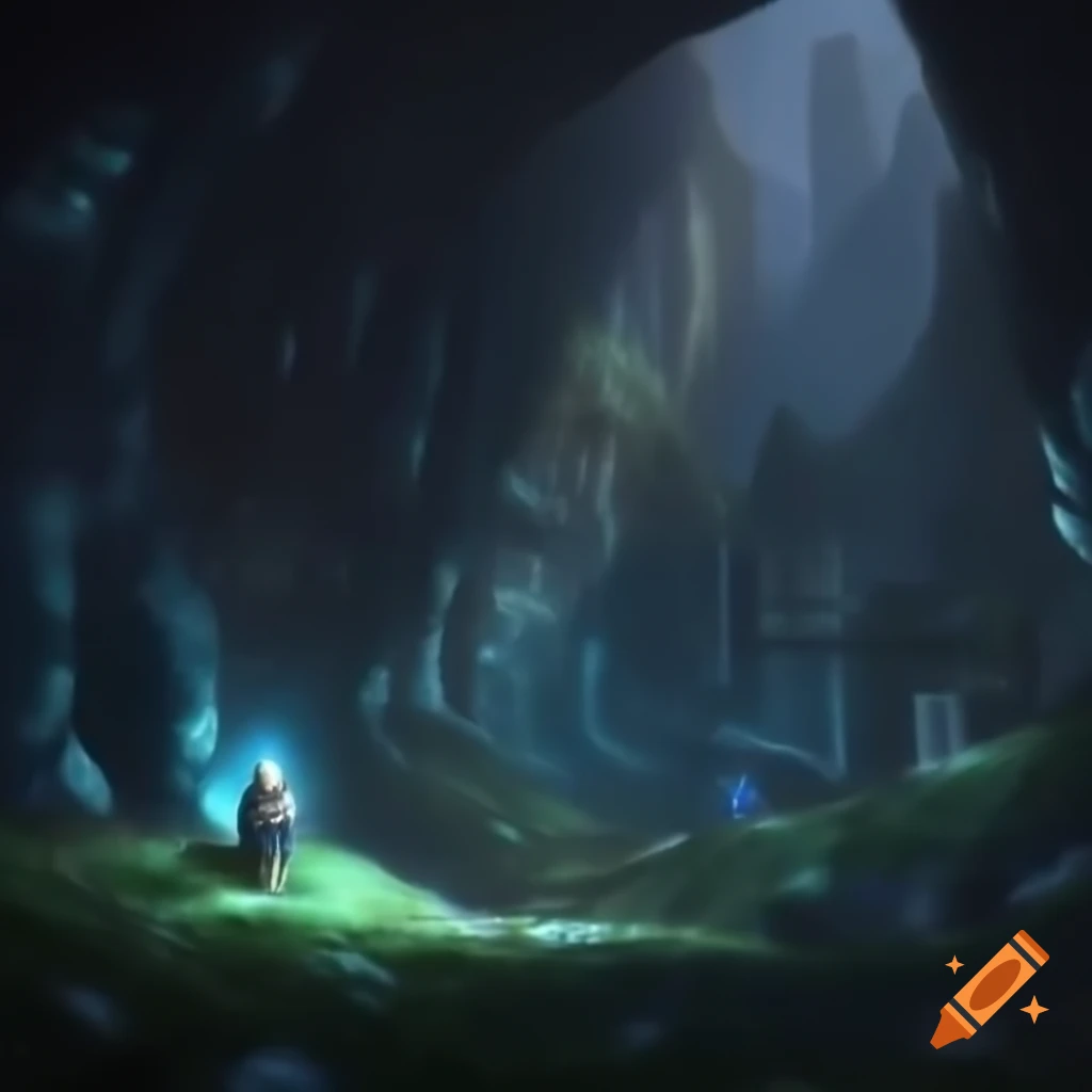 Dwarf near luminous fungi in cavern with stone city in background