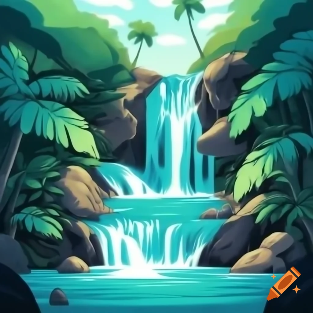 Tropical waterfall in detailed Ghibli style