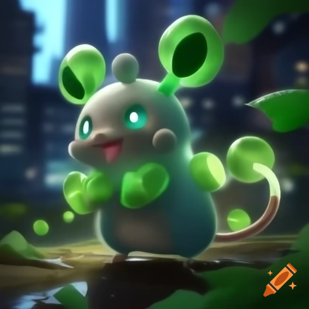 Racimous Pokémon, a mouse-raccoon hybrid with emerald green and light ...