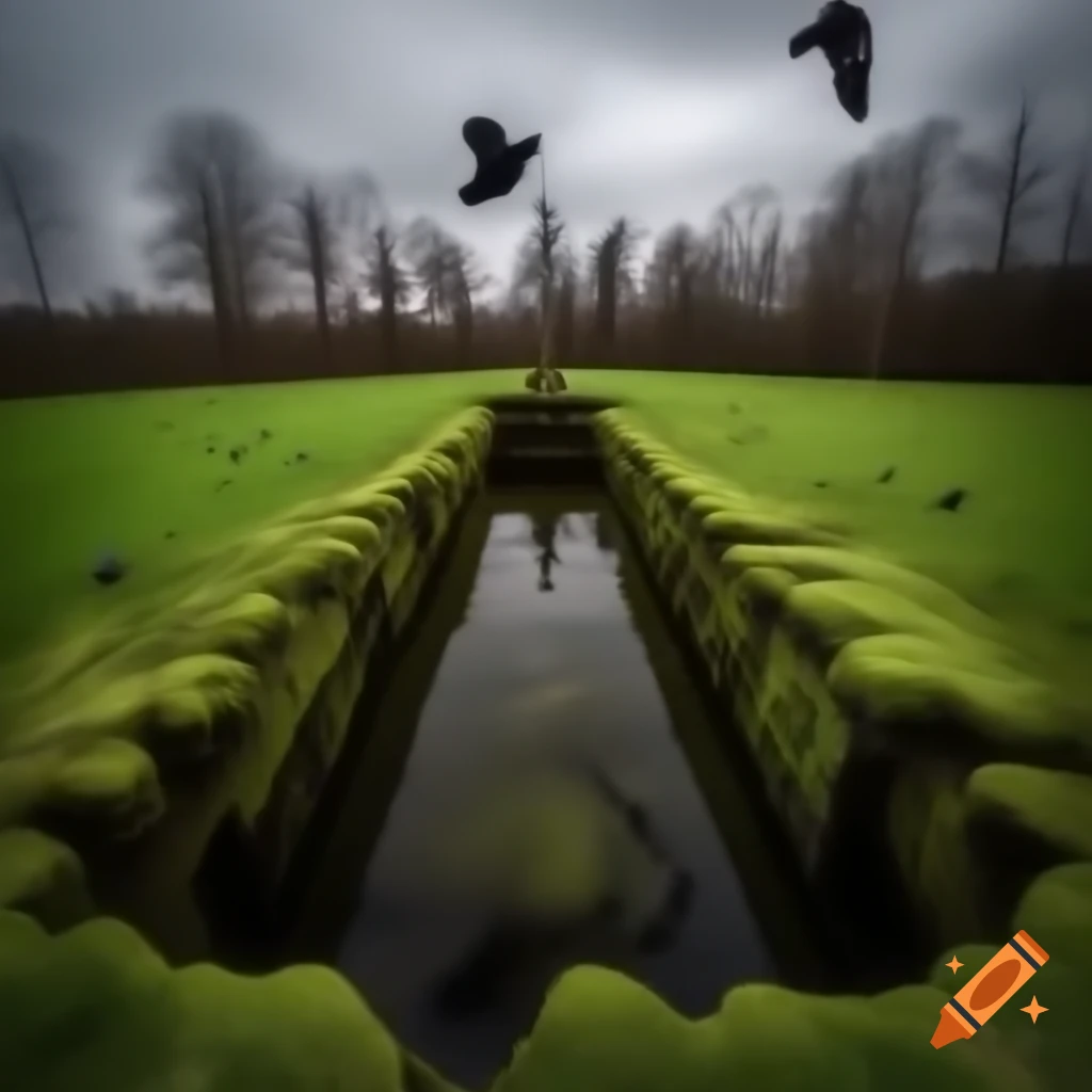 Moss-covered well in silent field with wilted trees and circling crows