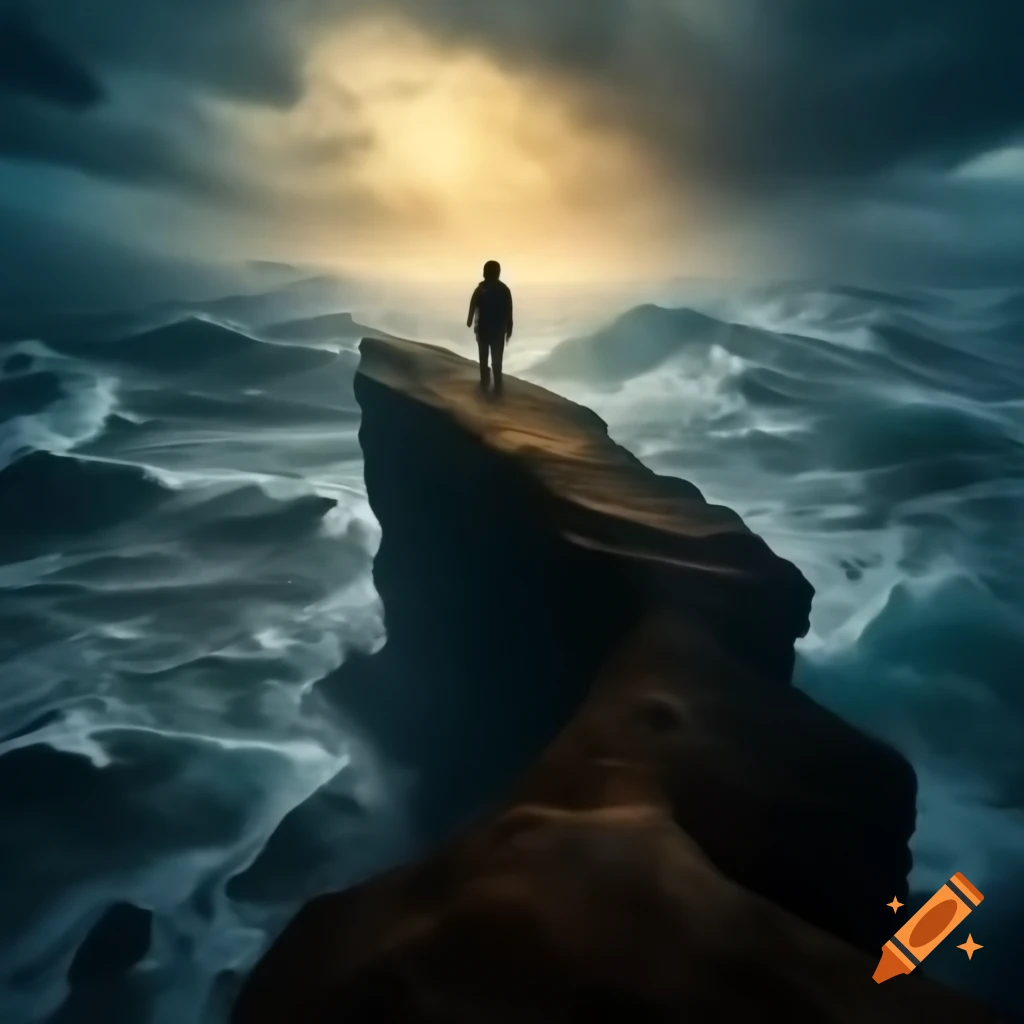 Solitary figure at cliff edge overlooking sea of golden mist on Craiyon