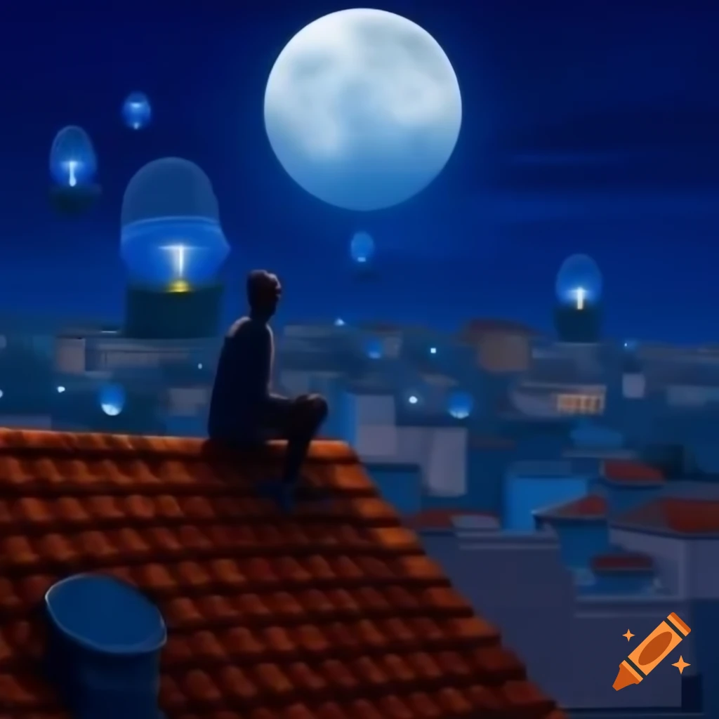 Oil painting of figure on rooftop under oversized moon with floating philosophical icons