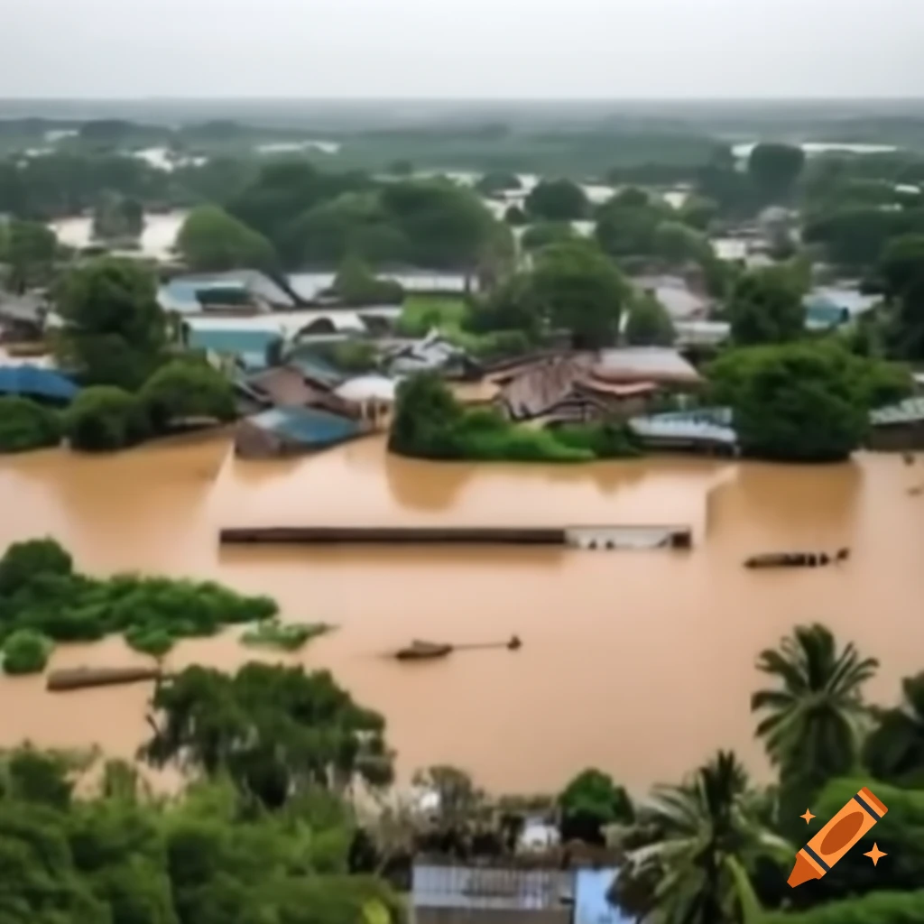 Major river flood affecting rural and urban areas, with submerged houses and rescue boats