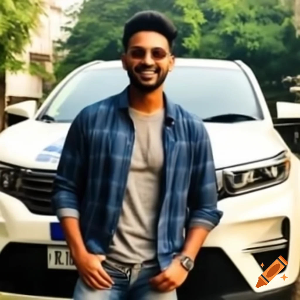 Proud Indian man standing beside his new car
