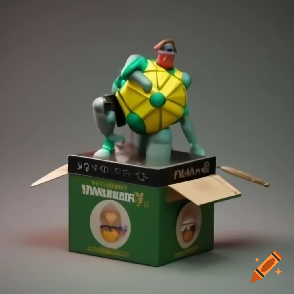 Toy box with action figure in full body pose alongside mini figure of ketupat